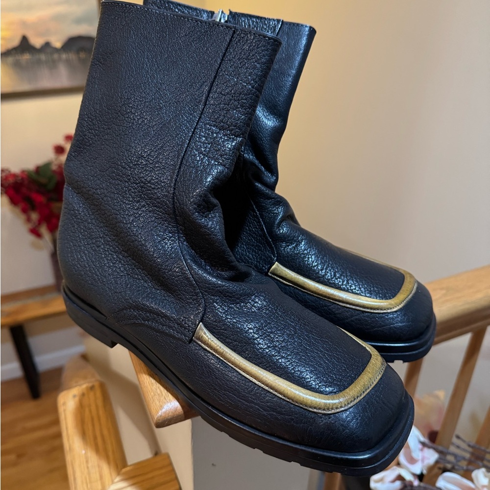 Chic Black and Gold Ankle Boots with Square Toe